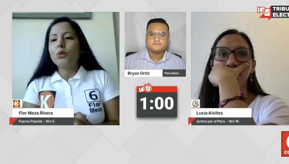 Debate entre Flor Meza, de Fuerza Popular, y Lucía Alvites, de Juntos Por el Perú, en Tribunal Electoral por Correo. | Foto: Captura de pantalla.