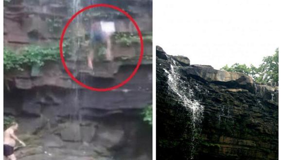 Intenta tomarse un selfie, resbala de cascada de 20 metros y salva de morir (VIDEO)
