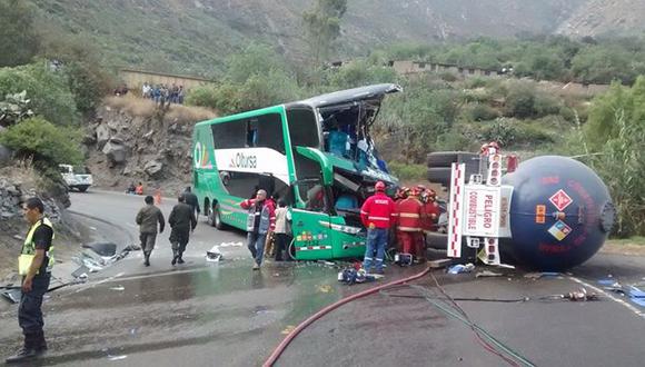 Dos pasajeros que iban de Huancayo a Lima mueren en choque de bus con cisterna 