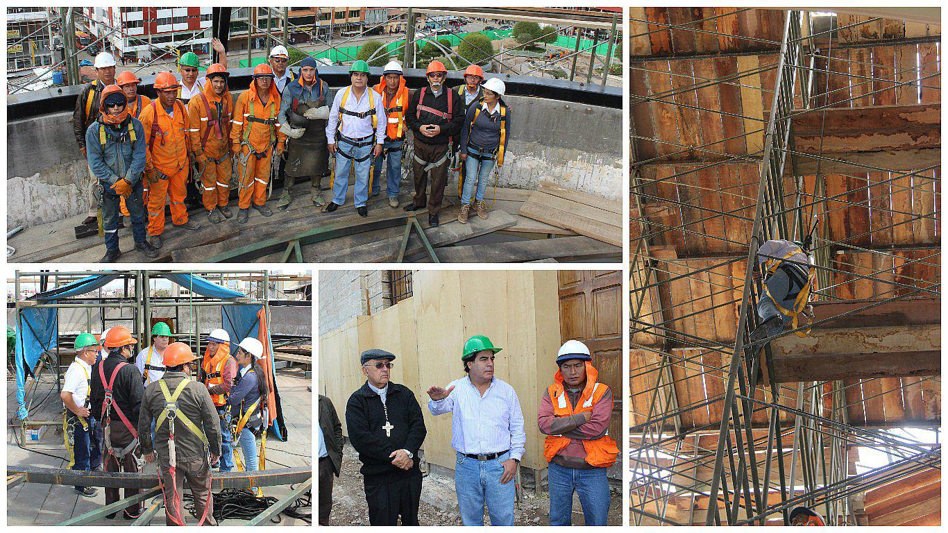 Alcalde y obispo se atan a arneses y suben 27 metros para inspeccionar obra (VIDEO)