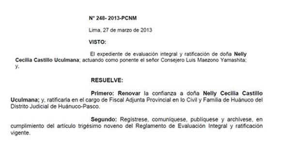 CNM ratifica en el cargo a fiscal Cecilia Castillo Ulcumana