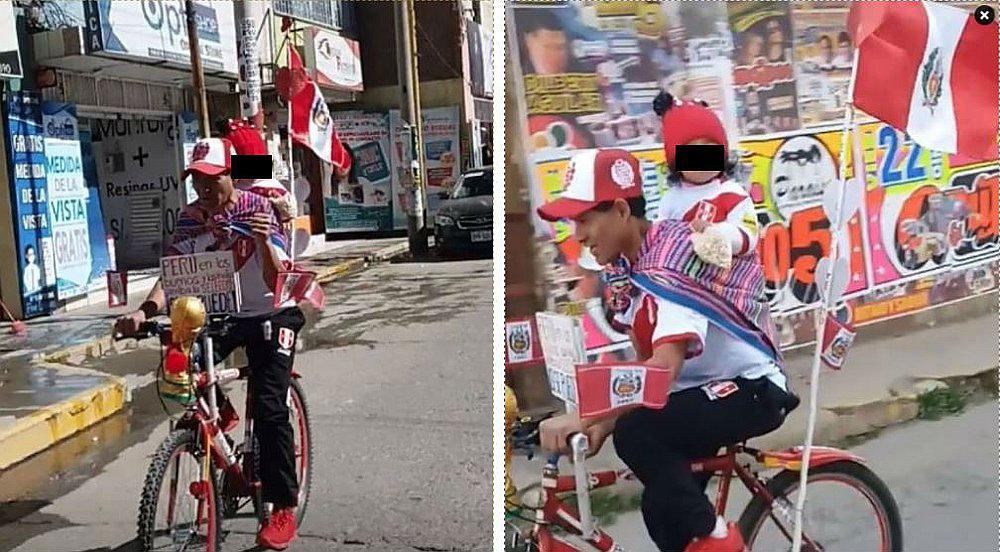 Padre de familia carga a su hijo en una manta para alentar a la Selección Peruana (VIDEO)