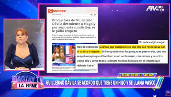 En la última edición de su programa, Magaly Medina reafirmó sus comentarios al afirmar  que el manager de Guillermo Dávila sí la condicionó para que no hable del caso Vaso Madueño.