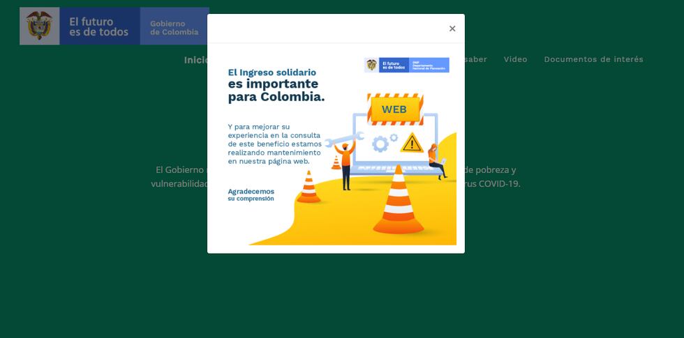 Portal web para consultar si se es beneficiario del Ingreso Solidario en Colombia se encuentra en mantenimiento. (Captura)