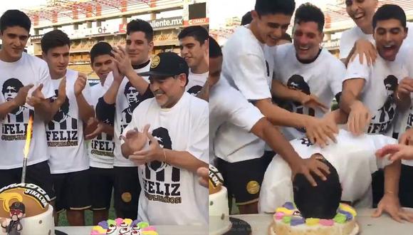 Maradona terminó con torta en la cara al celebrar su cumpleaños con Dorados (VIDEO)