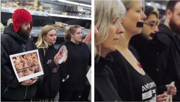 Veganos forman una cadena humana impidiendo venta de pavos de Navidad en supermercado 