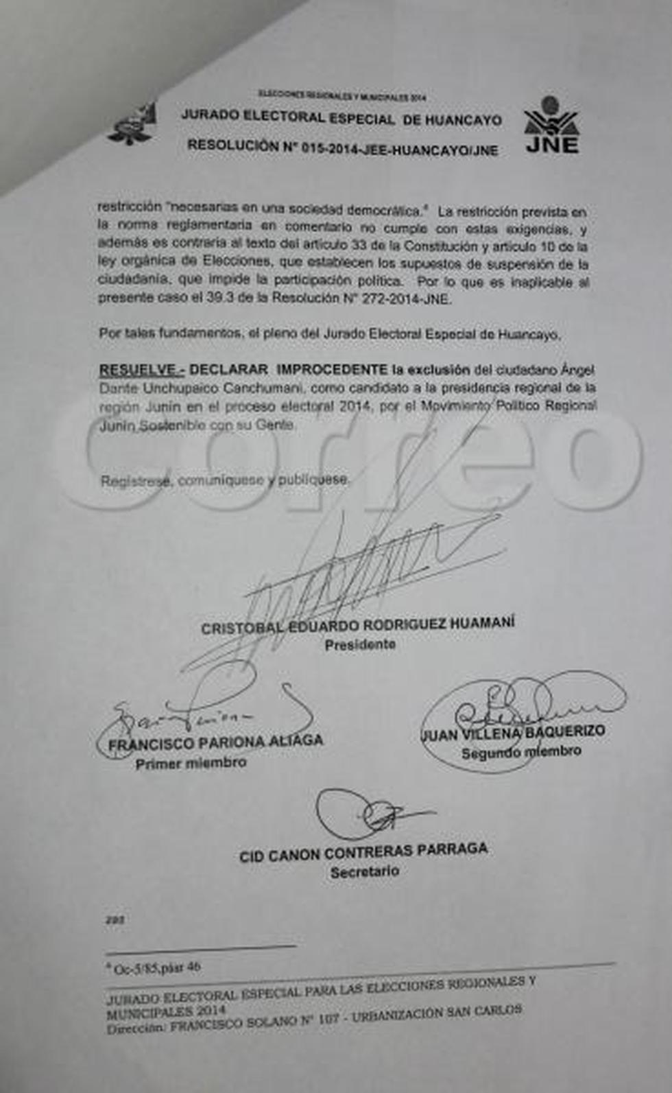 Candidato inhabilitado sigue en carrera electoral con venia del JEE de Huancayo 