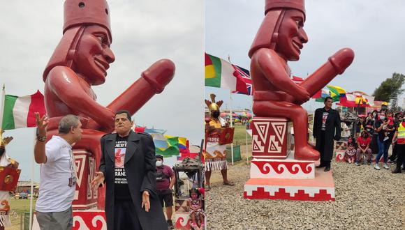 Humorista nacional llegó hasta el distrito de Moche para grabar sketch del “Padre Maritín” en la enorme escultura de tres metros. (Fotos: Cortesía)