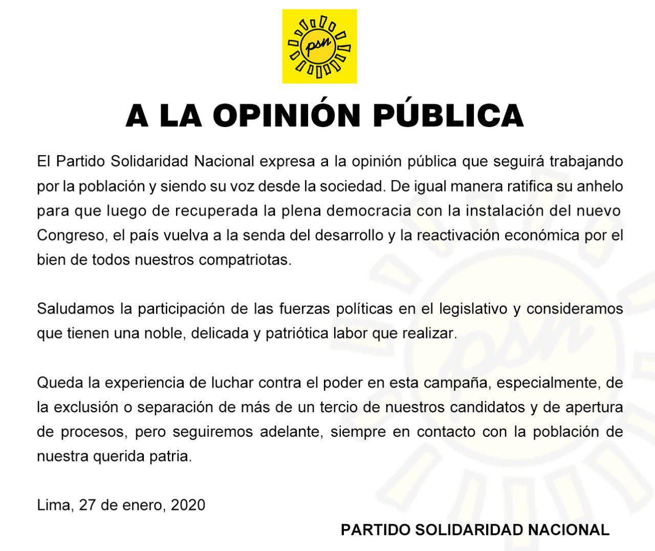 Solidaridad Nacional consideró que los partidos que lleguen al Congreso tendrá una "noble, delicada y patriótica labor".