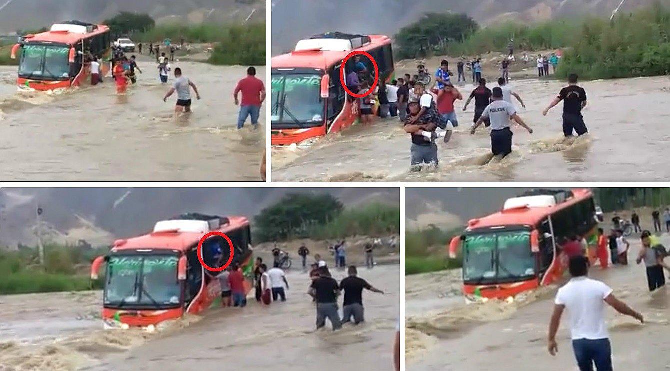 La Libertad: Ómnibus lleno de pasajeros es arrastrado por la fuerza de las aguas del río Virú (VIDEO) 