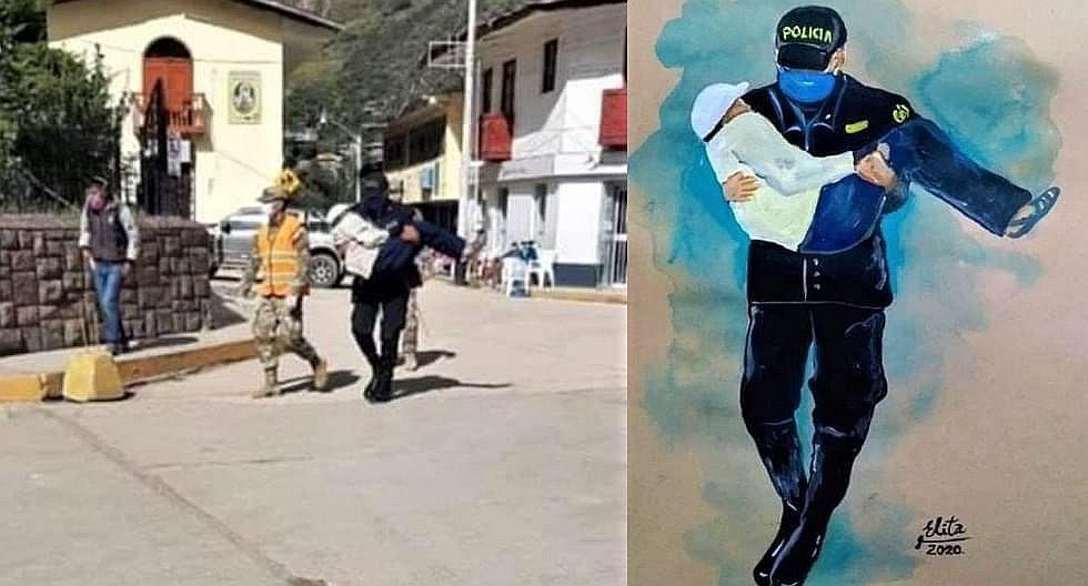 Piura: Retratan a policía que cargó a anciano para que cobre bono S/ 380