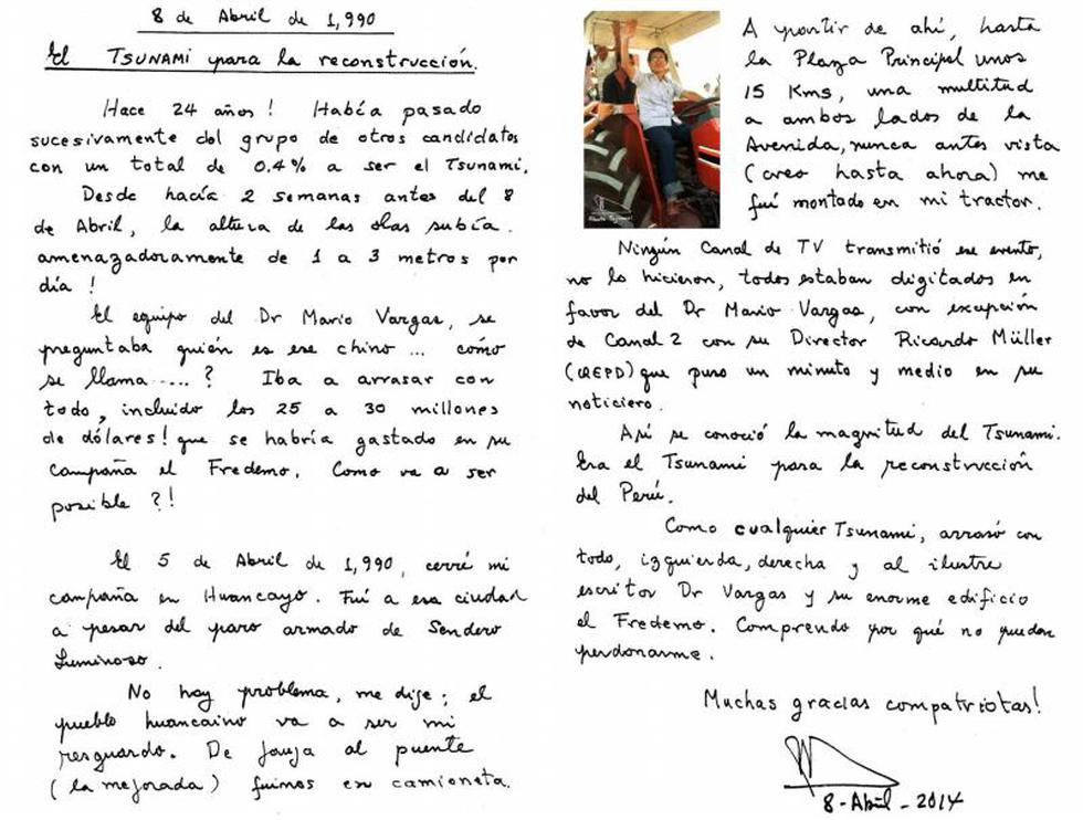 Alberto Fujimori compara su campaña presidencial del 90 con un tsunami