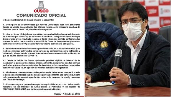 Diagnostican positivo para COVID-19 a gobernador regional de Cusco