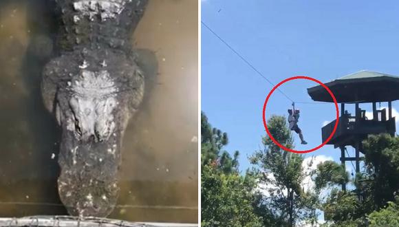 Un padre y su bebé quedan suspendidos sobre lago con cocodrilos (VÍDEO)