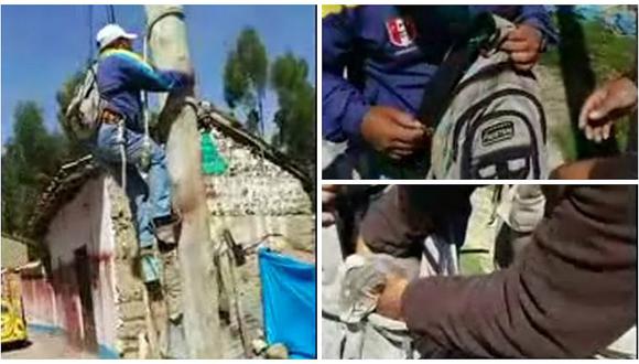 En mochila rescatan a gatita que subió a lo alto de un poste (VIDEO)