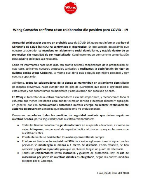 La cadena de supermercados Wong confirmó un caso de coronavirus en su local de Camacho. (Comunicado)