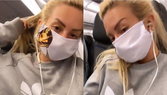 Leslie Shaw usando una mascarilla para evitar tocarse el rostro y contagiarse del nuevo coronavirus. Foto: Instagram
