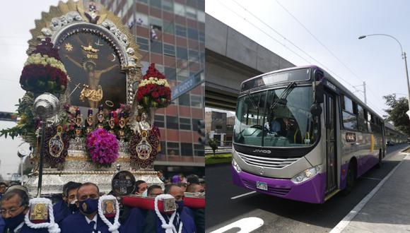Devotos que participan hoy de la tercera procesión del Cristo Morado pueden abordar los buses del Corredor Morado para retornar a sus viviendas durante la madrugada. 
 (Foto: ATU/GEC)
