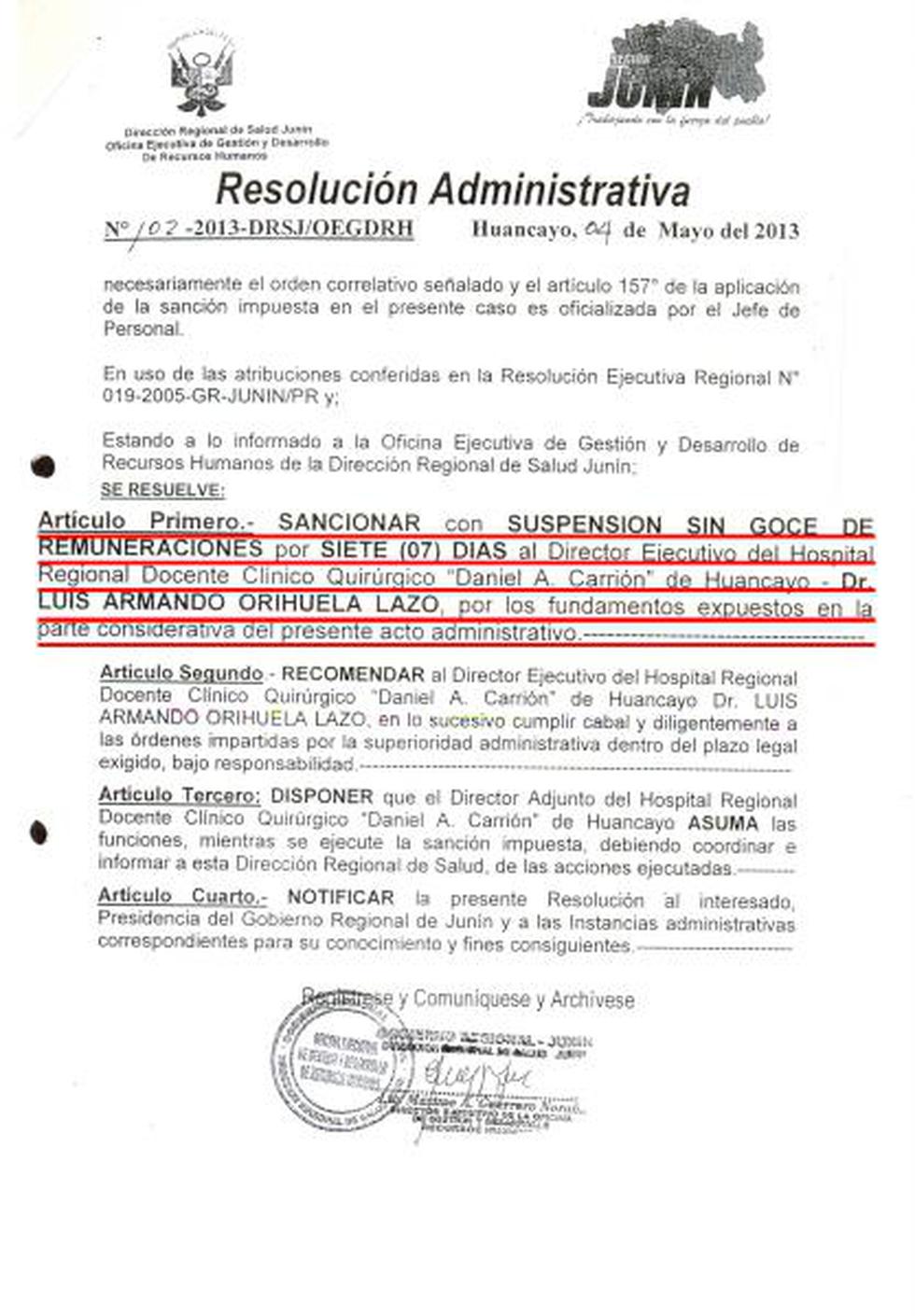 Sancionan a director de hospital Carrión por 7 días 