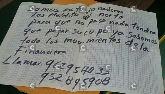 Tacna: "Malditos del norte" envían carta de extorsión a entidad financiera