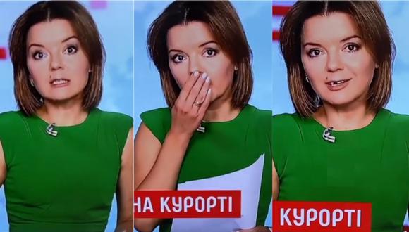La periodista y conductora de televisión Marichka Padalko narrando las noticias y agarrando el diente que se cayó. | Foto: Captura de pantalla de  1+1.