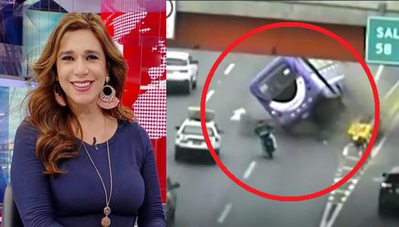 Los periodistas Verónica Linares y Federico Salazar vieron el video de la volcadura del bus y quedaron sorprendidos por cómo un motociclista sale caminando. (Foto: @veronicalinaresc/América TV).