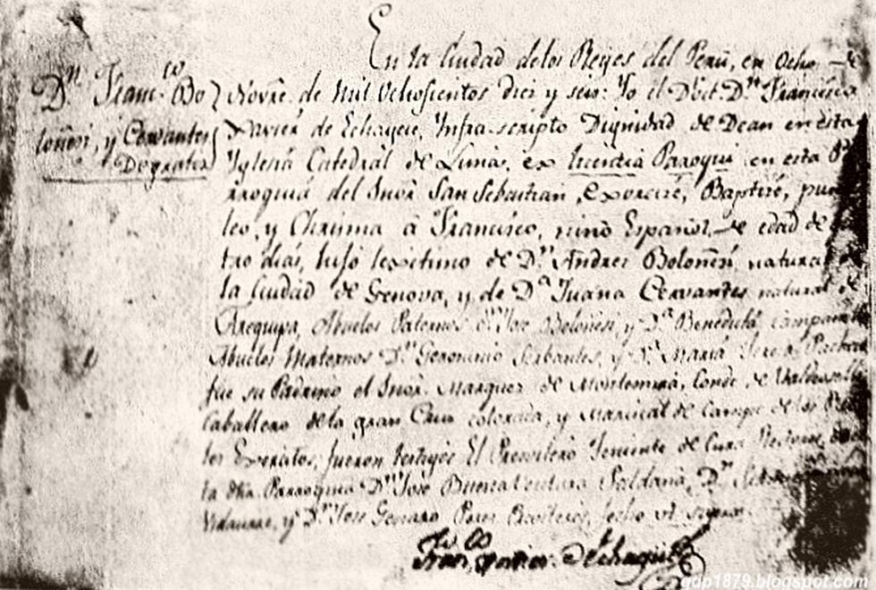 Francisco Bolognesi: En su partida dice "niño español" 