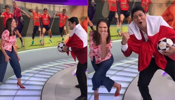 Lorena Álvarez y el Checho Ibarra hacen 'cabecitas' para alentar a la selección peruana. (Foto: Captura de video)