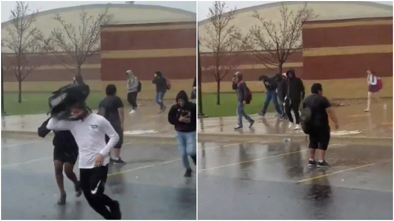 Twitter: empieza una fuerte lluvia y un joven hace esto (VIDEO)