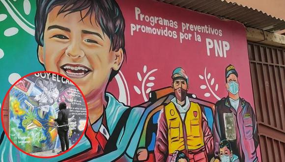 El SO3 PNP Luis Huamaní Chávez aprovecha su tiempo libre para realizar murales y transmitir el trabajo que realizan con la sociedad.
