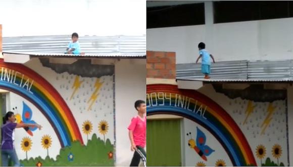  Niño travieso se sube a techo de su jardín y causa pánico (VIDEO)