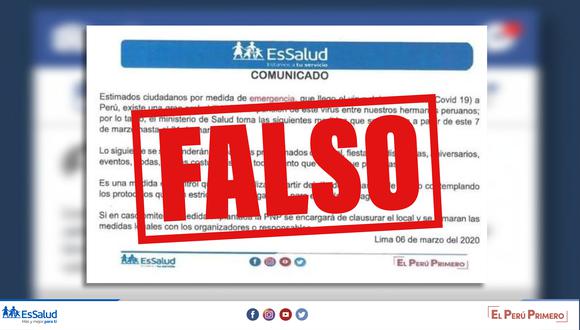 EsSalud desmiente falso comunicado que recomienda la suspensión de eventos masivos para evitar propagación de coronavirus en el país. (Foto: Difusión)