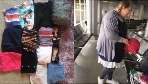 Mujer usa 4 kilos de ropa para no pagar equipaje extra (FOTOS)