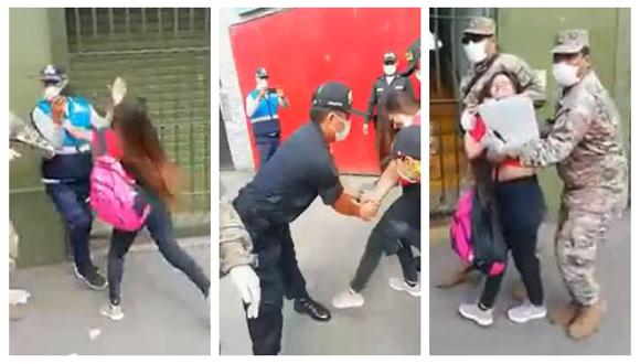 Mujer lanzó golpes y patadas a fiscalizador, militares y policías para evitar ser intervenida en La Victoria. (Captura: América Noticias)