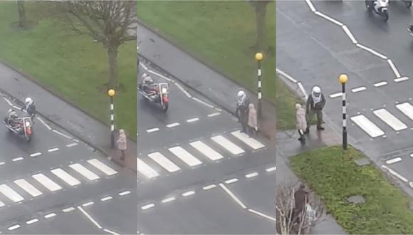 Hombre gana elogios al detener el tráfico para que anciana cruce la pista (VIDEO)
