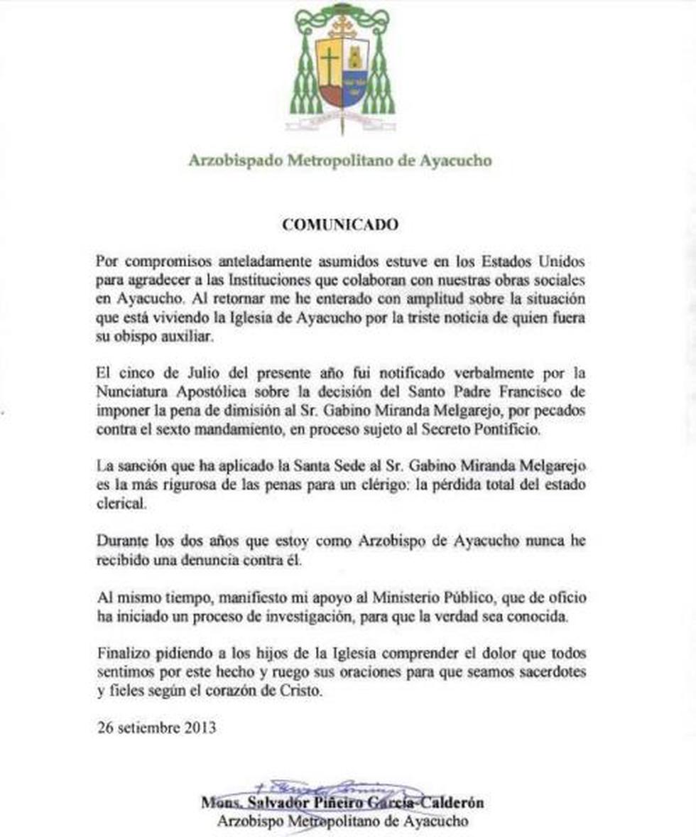 Arzobispo de Ayacucho se pronunció sobre el caso del ex obispo Gabino Miranda