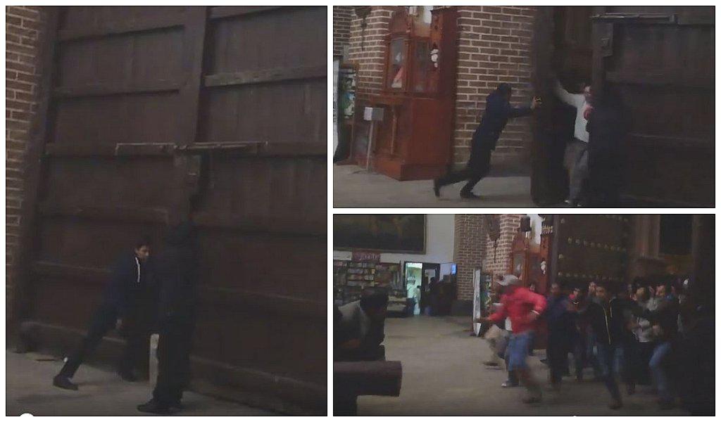 Estampida entra a catedral y se enfrenta por cargar anda de Cristo Resucitado (VIDEO)
