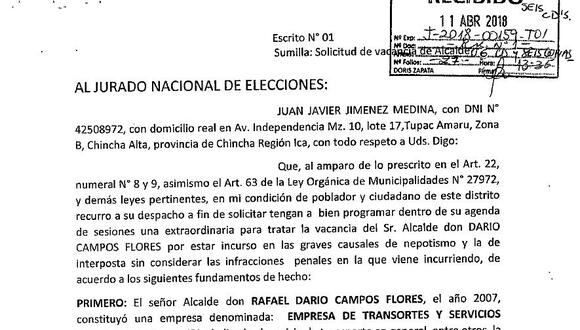 Poblador chinchano pide vacancia de alcalde de Capillas por presunto nepotismo