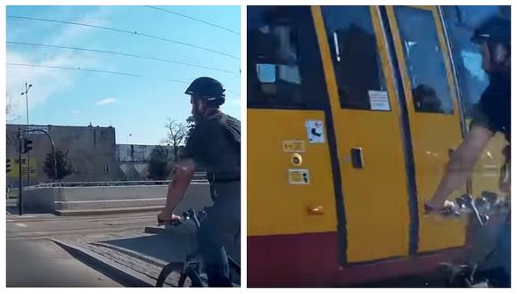 Ciclista impacta contra un tranvía y salva de morir (VIDEO)