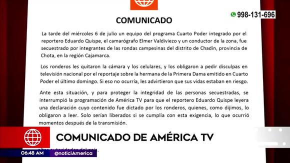 Statement from América TV after the kidnapping of a reporter and a cameraman in Cajamarca