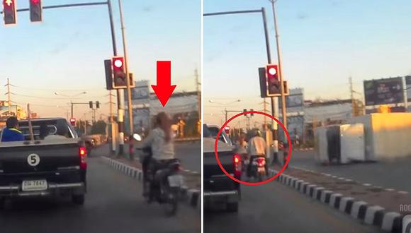 Motociclista salva de morir aplastada por un tráiler (VIDEO) 