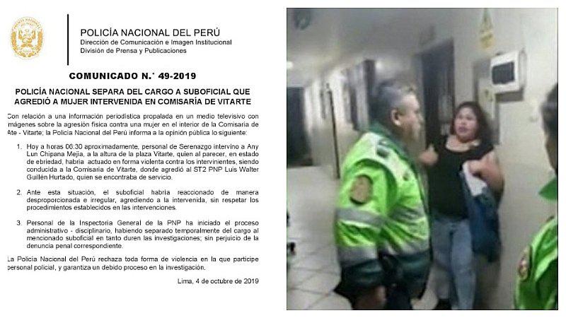 PNP separa del cargo a policía que agredió a mujer en comisaría de Ate Vitarte