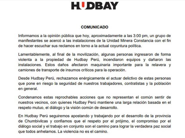 Hudbay mining company in Cusco denounces that its dump trucks were set on fire