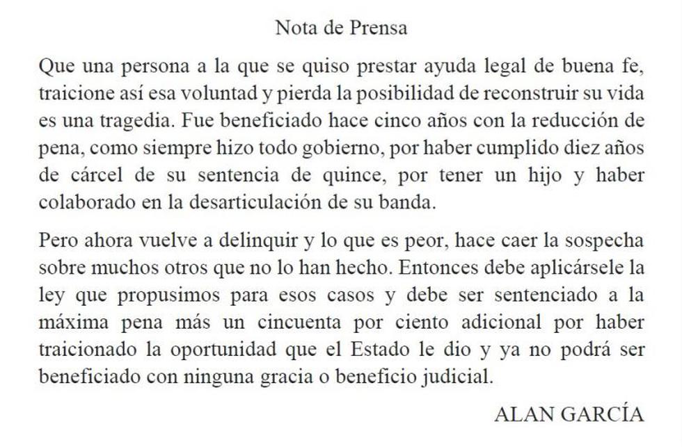 Alan García pide todo el peso de la ley para narco que fue conmutado en su gobierno