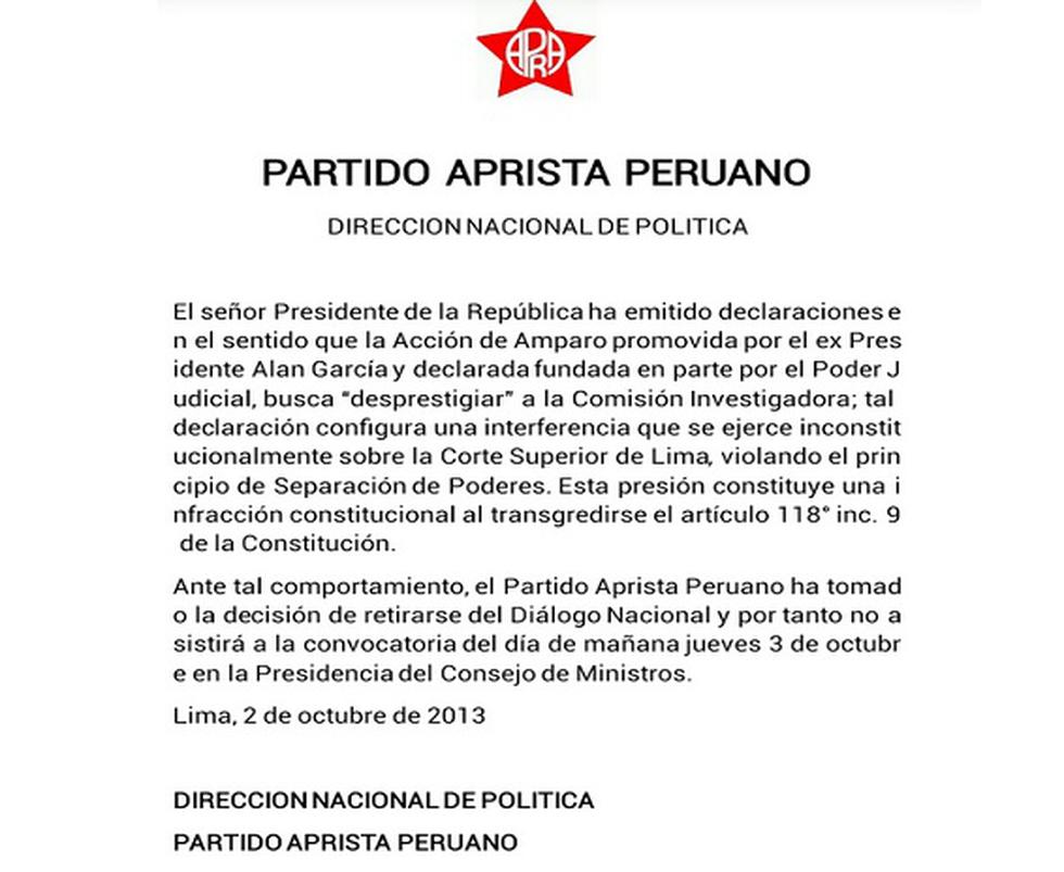 Apra se retira del diálogo con el Gobierno tras críticas de Humala sobre Alan García