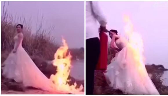 ¡En llamas! Novia quería la foto de bodas perfecta y todo casi termina en tragedia [VIDEO]