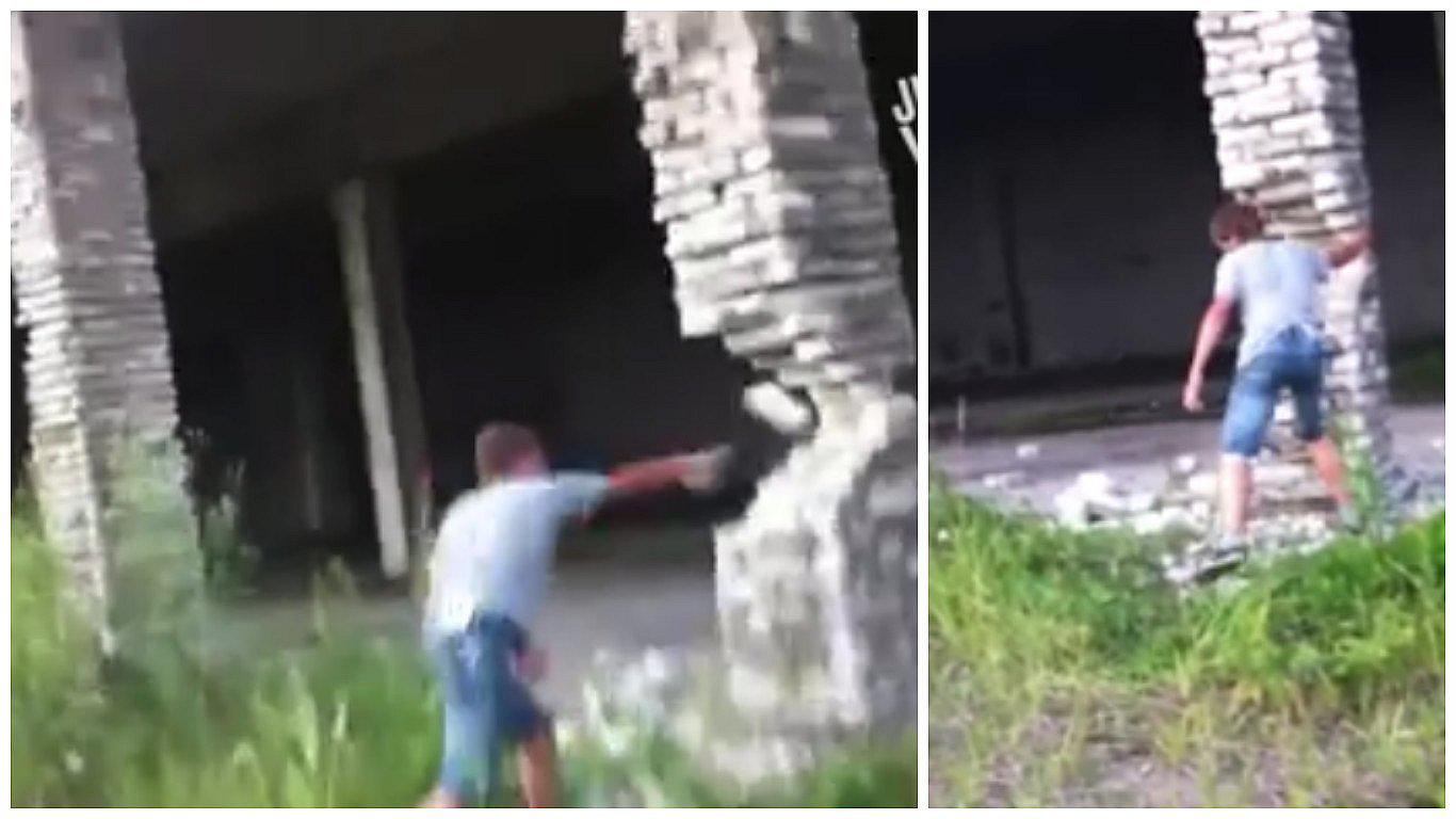 Facebook: quiso derribar columna pero todo terminó así (VIDEO)