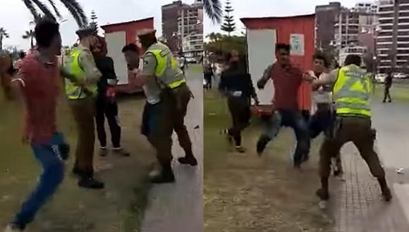 Momento en que un grupo de ciudadanos venezolanos atacan a policías chilenos en Iquique. (Foto: captura YouTube)