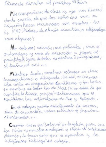 Niño escribe carta denunciando discriminación por no llevar la clase de religión