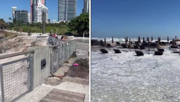 La fuerza del mar en South Pointe en Miami responde a la fuerte marejada asociada al paso del huracán Ian por Florida, que tocó tierra en la costa oeste del estado el pasado miércoles. (Foto de Twitter /@AndrewsAbreu)